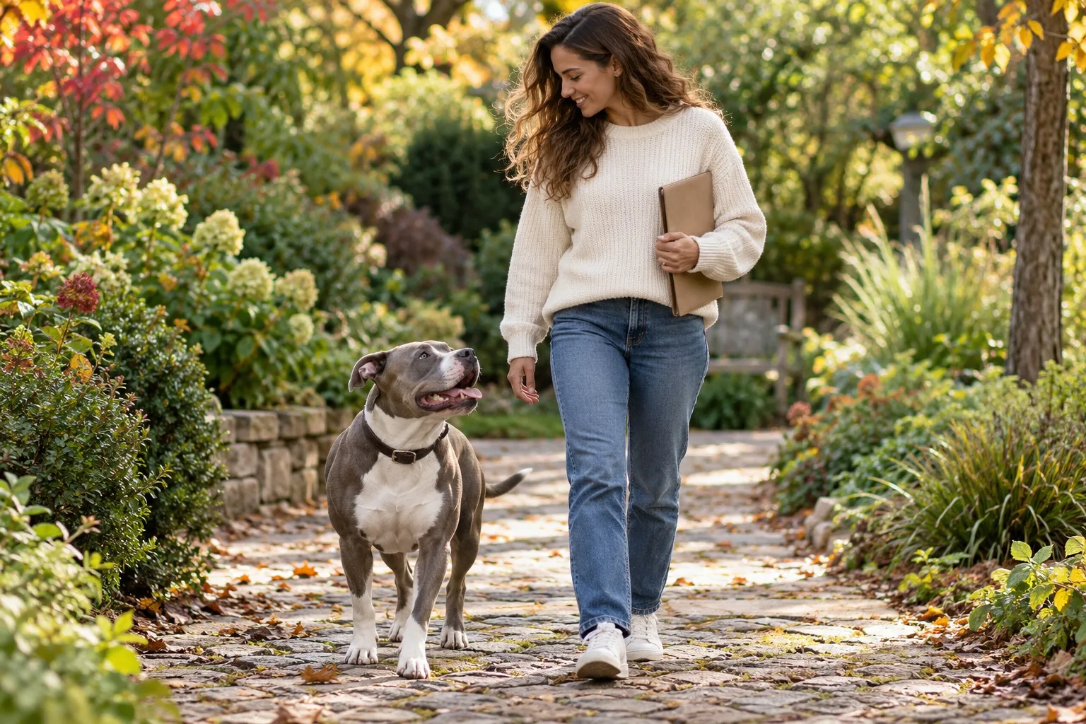 Owner walking a gray dog along a garden path