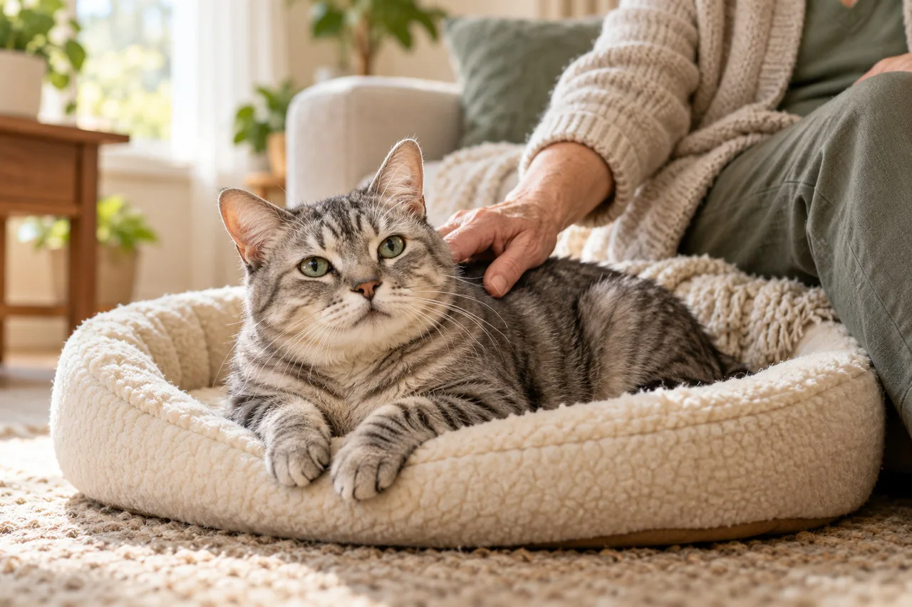 Tabby cat resting in a round bed while a person gently strokes it